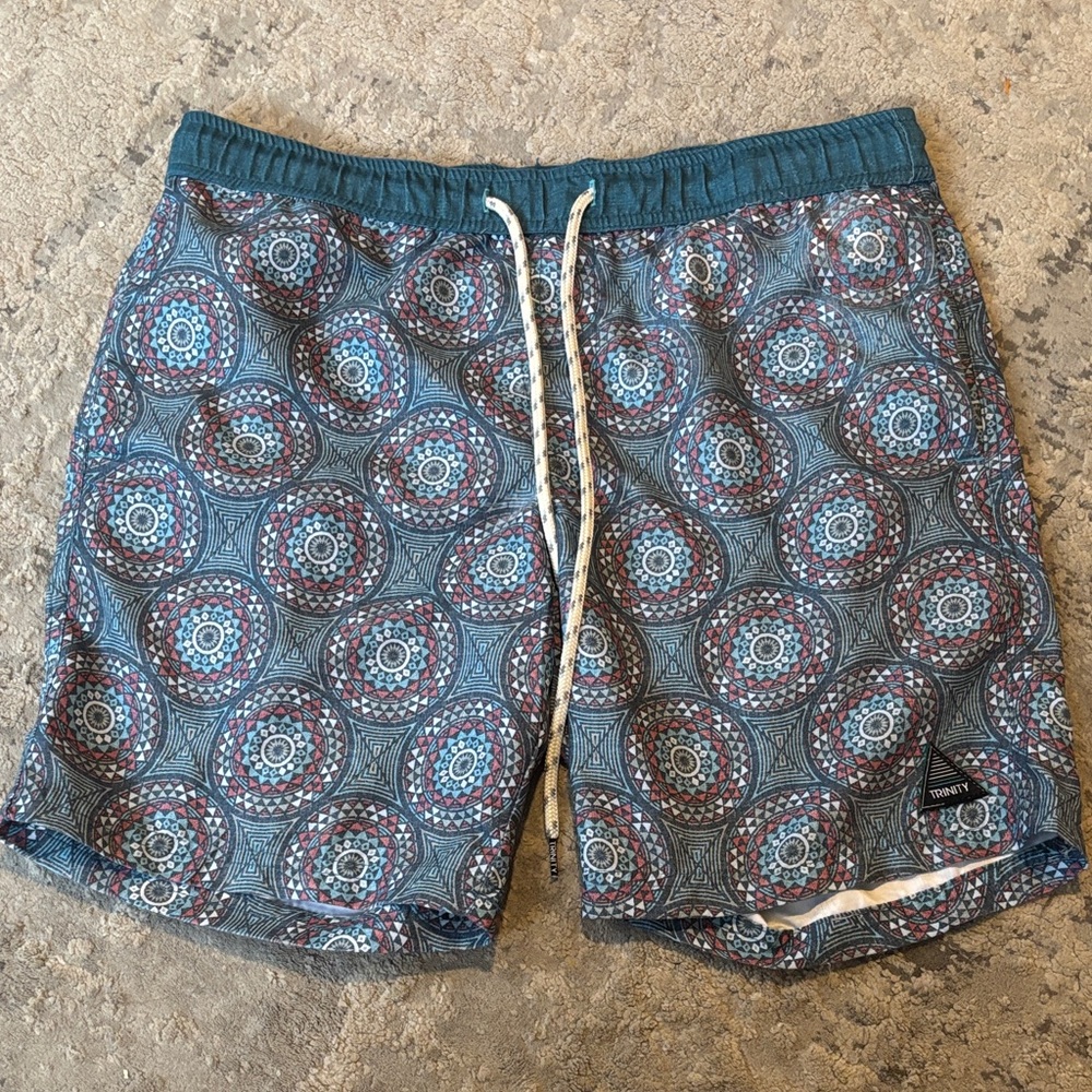 Trinity Teal and Red Geometric Swim Board Shorts